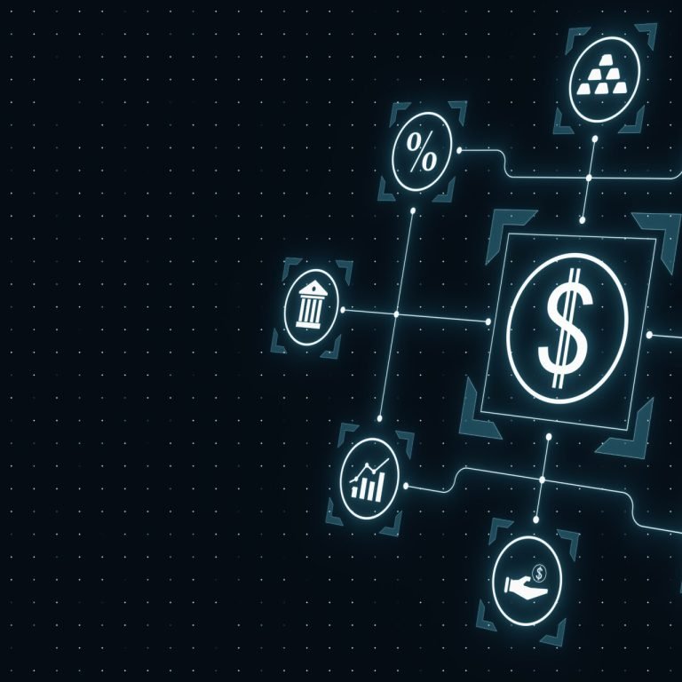 Digital network interface showing dollar and finance-related icons on a dark background. Concept of business and technology. 3D Rendering